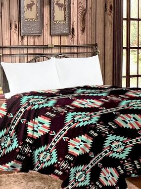 TURQUOISE AZTEC THIN THROW MIA BLANKET TWIN SIZE